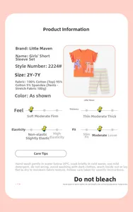 Tableau des tailles ensemble été fille en coton avec t-shirt chat pour 2Y-7Y