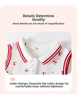 Détail de la robe polo sans manches blanche pour fille avec imprimé cerise et col contrasté