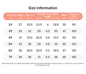 Size guide for girls' summer mesh dress set showing measurements from 2Y to 7Y sizes