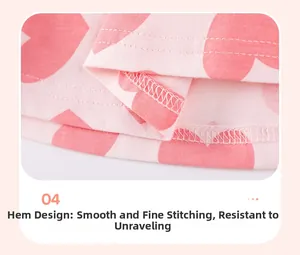 Detail of pink cotton dress hem showing professional double-needle stitching and heart print