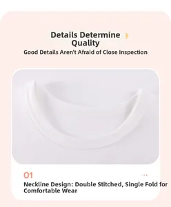 Detail of white cotton T-shirt neckline with double-needle flat-lock stitching finish