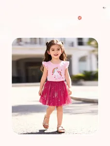 Detail of girls' pink unicorn top with flutter sleeves and sequin mesh tutu skirt