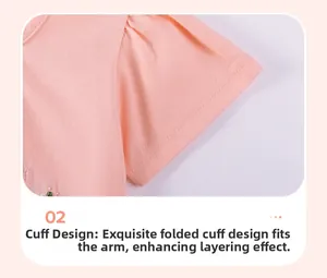 Close-up of pink cotton girl dress sleeve with pleated shoulder and flower embroidery