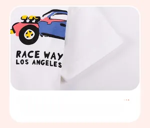 Detail of white cotton T-shirt featuring a cartoon race car print and LOS ANGELES text