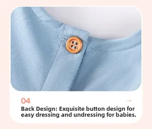 Close-up of light blue denim dress back with a wooden button for easy dressing