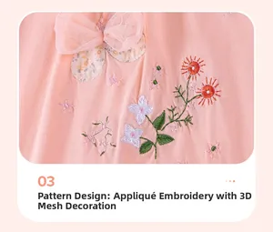 Detail of pink cotton girl dress with 3D mesh bow and floral applique embroidery