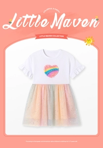 Detail of girls' cotton dress with rainbow mesh skirt and sequin star accents