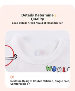 Close-up of cotton t-shirt collar featuring double-needle stitching and planet print