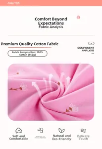Detail of pink cotton fabric with daisy print showing 100% cotton texture and 150g weight