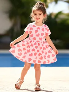 Little Girls Cotton Short Sleeve Dress Pink Red Heart Print Summer A-Line Princess Party Casual Dresses For Kids Breathable
