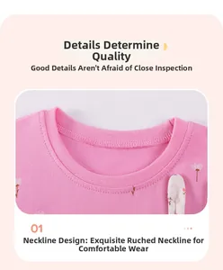 Close-up of pink cotton neckline with ribbed collar and 3D bunny ear details