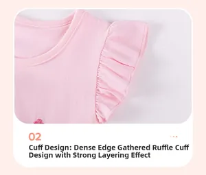 Detail of pink toddler girl top featuring ruffled flutter sleeves and floral embroidery