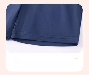 Detail shot of navy blue knit cotton shorts with reinforced double-stitch hem craft