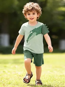 Set di Abbigliamento Estivo per Bambini Maglietta a Maniche Corte con Coccodrillo dei Cartoni Animati e Pantaloncini in Cotone