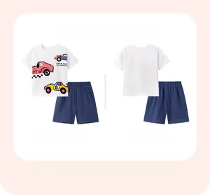 Detailed front and back view of kids cotton t-shirt and shorts with cartoon car design