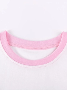 Girls cartoon pig cotton t-shirt with pink ribbed crew neck and double stitching