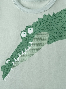 T-shirt estiva in cotone verde menta per bambini con stampa a coccodrillo scuro