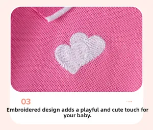 Close-up of heart embroidery on pink cotton pique fabric for girls' dress detail