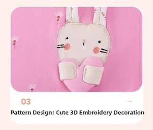 Detailed macro view of pink knit dress featuring 3D embroidered rabbit and heart pattern