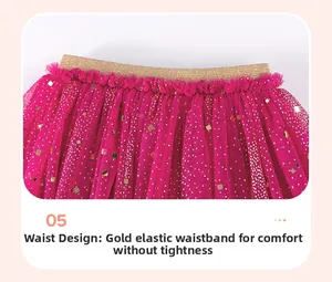 Detail of pink tutu skirt featuring golden elastic waistband and shimmering sequins