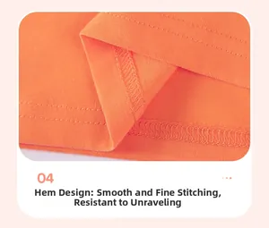 Détail de couture à double aiguille et ourlet plat sur un t-shirt enfant en tricot orange