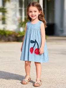 Girls Summer Sleeveless A-Line Dress Cotton Polyester Blend Cute Cherry Applique Embroidery Light Blue Princess Sundress