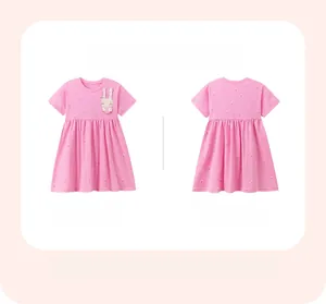 Front and back view of girls pink short sleeve dress with rabbit embroidery and carrot print