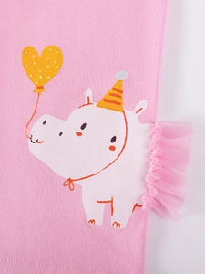 Pink knit cotton baby set with cute hippo print and decorative tulle trim detail