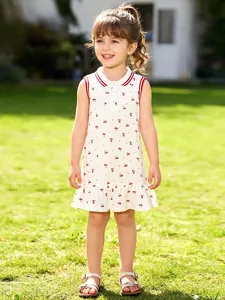 Robe Polo Sans Manches en Coton pour Filles Imprimé Cerise Ourlet à Volants Robe d'Été Douce Décontractée à Col Revers