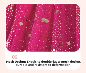 Detail of fuchsia double-layer mesh with golden glitter and pleated tulle design