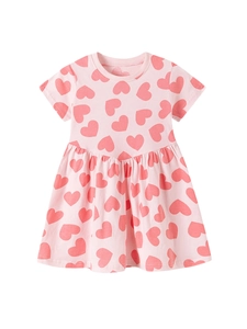 Pink short sleeve cotton girl dress with red heart print and flared A-line skirt