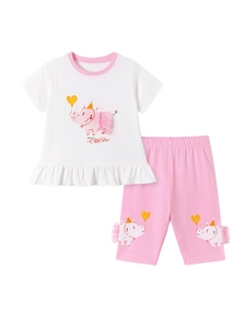 Girls summer cotton set featuring white t-shirt with pink hippo print and cropped pants