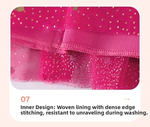 Detailed close-up of woven lining with reinforced stitching on rose red tulle dress