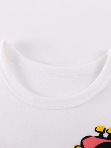 White cotton t-shirt for boys with ribbed neckline and colorful cartoon car print