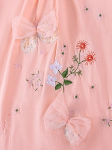 Pink cotton girls dress with floral embroidery and 3D mesh butterfly details