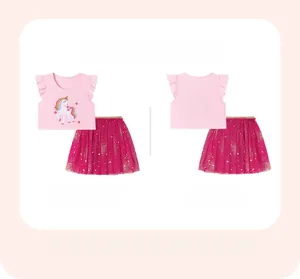 Girl's summer set featuring pink cotton unicorn t-shirt and sparkly tulle skirt detail