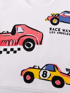 Kids white round neck T-shirt featuring hand-drawn cartoon race car prints for summer