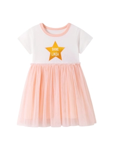 Short sleeve baby girl dress with white star print top and pink tulle skirt on white background