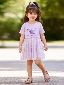 Little Maven Mädchen Sommer Lila Netz Kleid Rippenstrick Top Goldene Stern Pailletten Bestickt Prinzessin Party Kleid