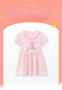 Close-up of pink cotton dress for girls with cute mouse print and ruffled neckline