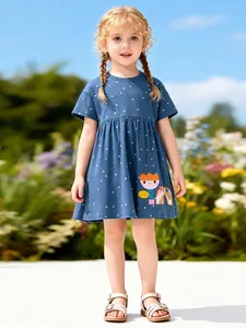 Vestito da Bambina in Cotone a Maniche Corte Stampa a Pois Applique Fiore Arcobaleno Carino Estivo Casual Principessa