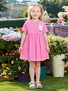 Girls Cotton Summer Dress Cute Rabbit Applique Pink Floral Print Short Sleeve Princess Dress Kids Casual Clothing
