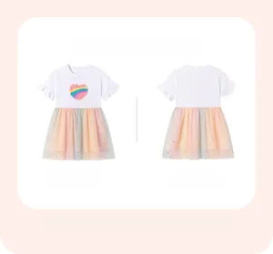 Detail of girls' short sleeve dress with rainbow sequin heart and gradient mesh skirt