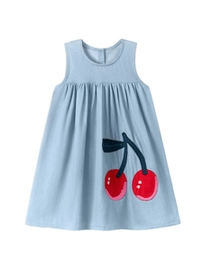Sleeveless light blue girls cotton denim dress with cute red cherry embroidery applique