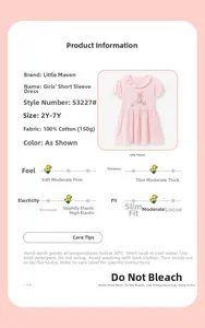 Size chart and washing care guide for girls pink cotton short sleeve cartoon dress