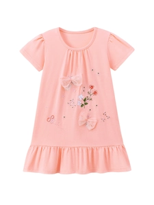 Pink cotton short-sleeved girls dress with floral embroidery and mesh bows on front