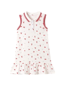 Robe polo sans manches blanche pour filles avec imprimé cerise et volant