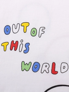 Kids cotton white T-shirt with colorful Out Of This World slogan print in streetwear style