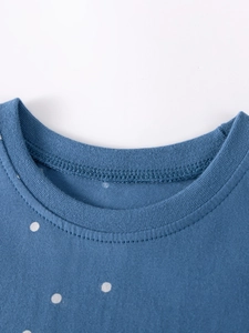 Abito estivo blu navy per bambine a pois bianchi con scollo rotondo e maniche corte