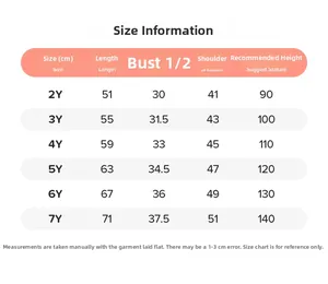 Tableau des tailles pour robe d'été fille avec mesures de longueur et de poitrine